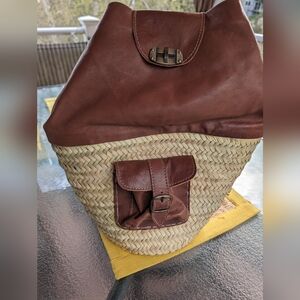 Straw and leather backpack purse